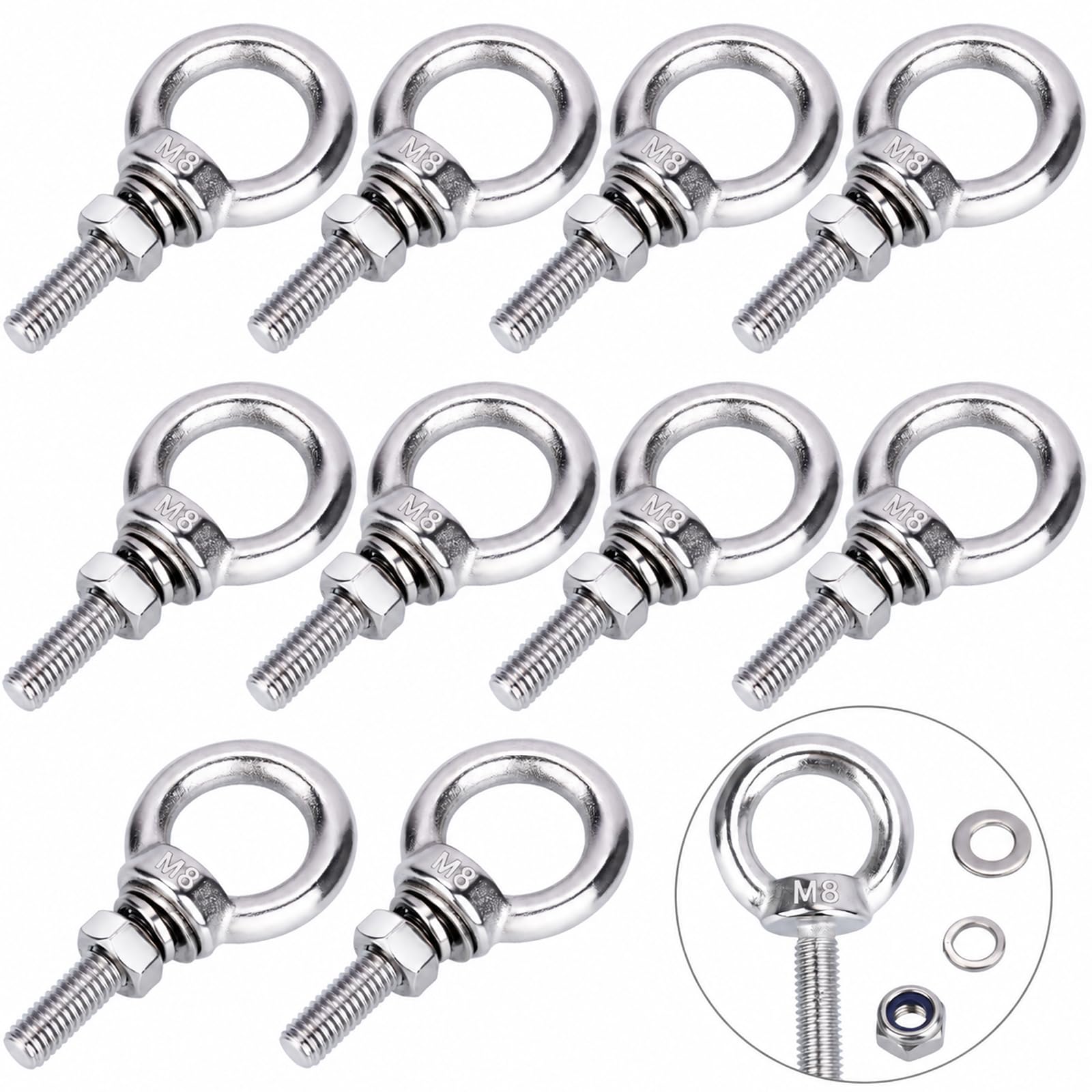 M8 10pcs Lifting Ring Eye Bolt Roof Rack DIY Home Security Hanging Bolts