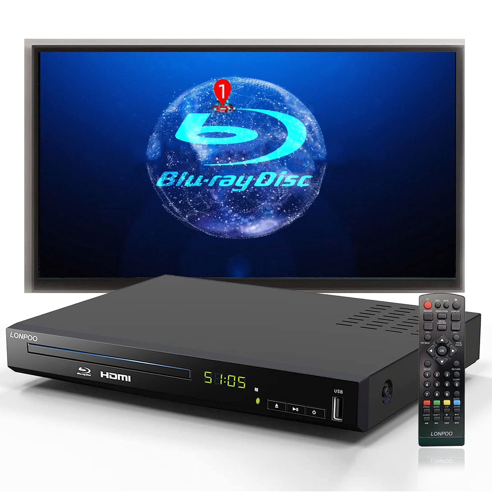 Blu Ray DVD Player,LONPOO Full HD Blu-ray Disc Player with Metal Shell,No Skip,N
