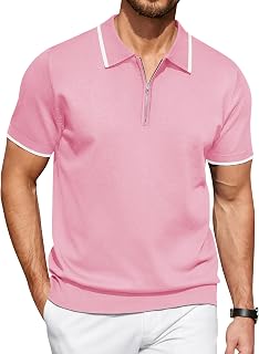 COOFANDY - Polo de manga corta con cremallera para hombre, estilo informal, de punto, ajuste clásico, Brillante rosa, Small
