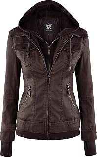 Lock and Love Women's Faux Leather Moto Biker Jacket Coat with Removable or Non-Removable Hood