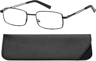 Hubeye Reading Glasses for Men Rectangular Frames Stainless Steel Spring Hinge Anti Blue Light Glasses with Leather Case 2.50