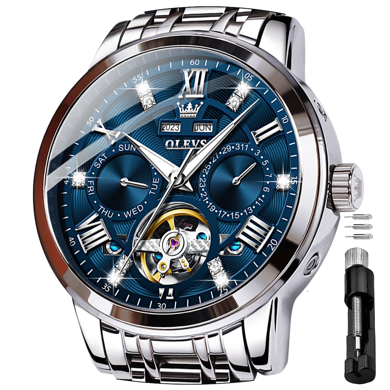 OLEVS Herren Automatikuhr Diamanten Tourbillon Skelett Luxus Edelstahl-Armbanduh