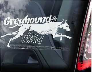 Greyhound On Board Sticker, Car Window Sign, Laptop Vinyl Decal, Pet Dog Owner Mom Gift Idea -V02 (Inside Reverse Print - White)