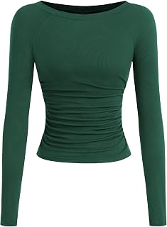 PRETTYGARDEN Camicie a maniche lunghe da donna 2025 autunno increspato lati scollo a barca t-shirt basic casual aderente a costine crop top in maglia