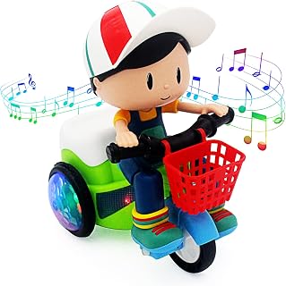 Tipmant Electric Tricycle Toy Cartoon Motorcycle Vehicle Stunt Performance, Music, Luminous Lights, Children Birthday Gifts (Boy)