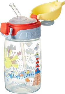 Nuby No Spill Super Straw Toddler Water Bottle, 360ml, 12M+, Sunshine | Spill Proof Active Toddler Sippy Cup with Carry Handle, Dishwasher Safe, One Click Lid & Silicone Spout for Easy Transition