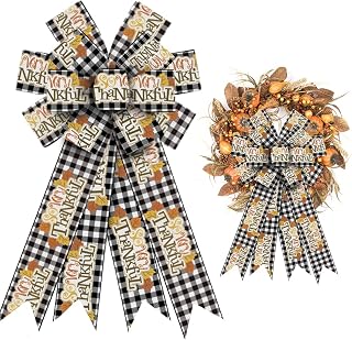 Large Autumn Wreath Bows, Thanksgiving Wreath Bows, Black White Buffalo Check Bows, Words Bows for Front Door, Autumn Decoration