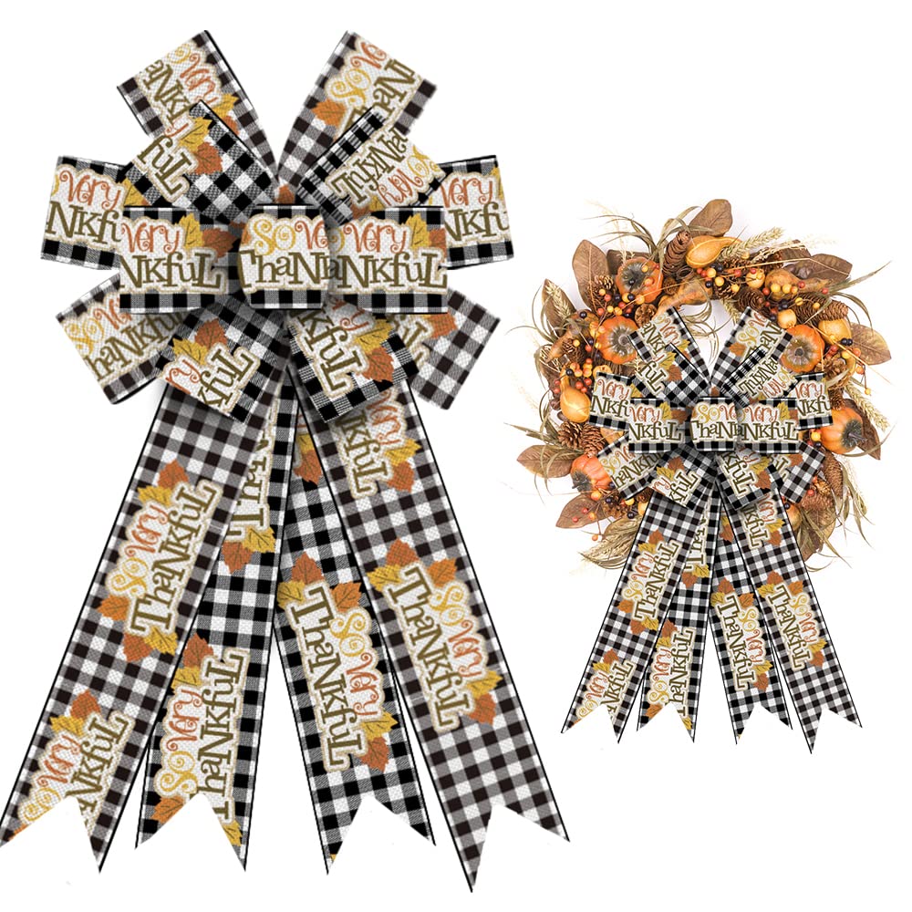 Large Autumn Wreath Bows, Thanksgiving Wreath Bows, Black White Buffalo Check Bo