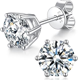 Moissanite Stud Earrings for Women, 925 Sterling Silver Earrings, 18K White Gold Plating earrings for Men