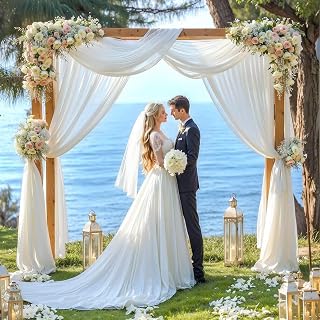 White Wedding Arch Draping Fabric, 11.8'' x 10FT Sheer Chiffon Backdrop Arch Drapery for Easter Bridal Shower Outdoor Wedding Party