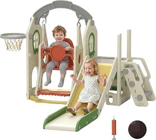 Qaba 6-in-1 Toddler Slide and Swing Set Adjustable Swing Seat Cream | Ladder, Climbing Wall, Basketball Hoop, Storage Space, Foldable Kids Playground Set, Indoor Outdoor Activity