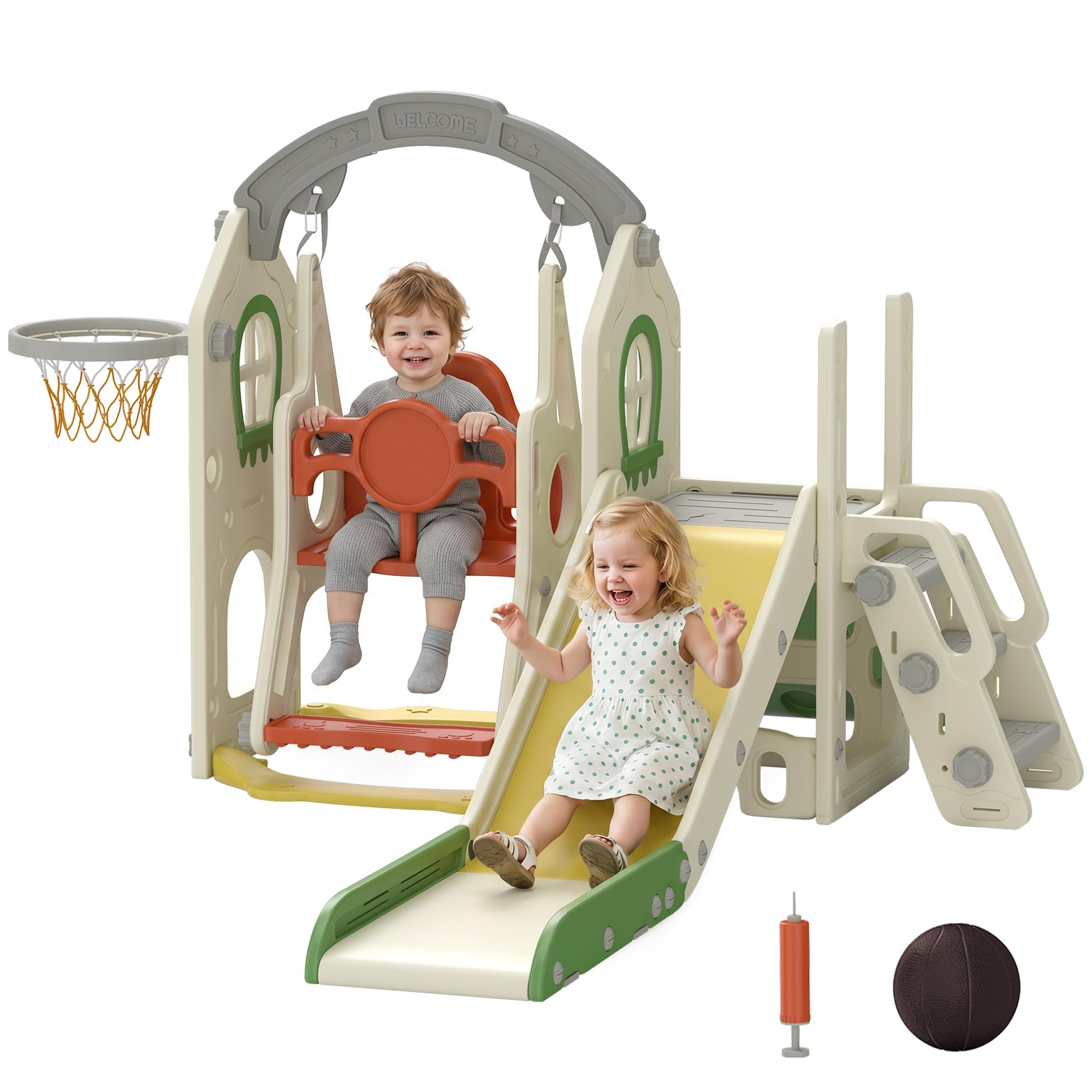 Qaba 6-in-1 Toddler Slide and Swing Set Adjustable Swing Seat Cream | Ladder, Cl