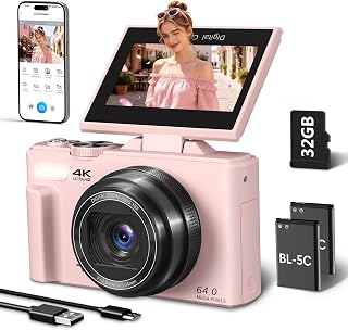 4K Digital Camera for Photography, 64MP Vlogging Camera for YouTube | Point and Shoot Camera with WiFi Sharing, 18X Digital Zoom, 3" 180° Flip Screen, 32GB Micro SD Card & 2 Batteries, Pink