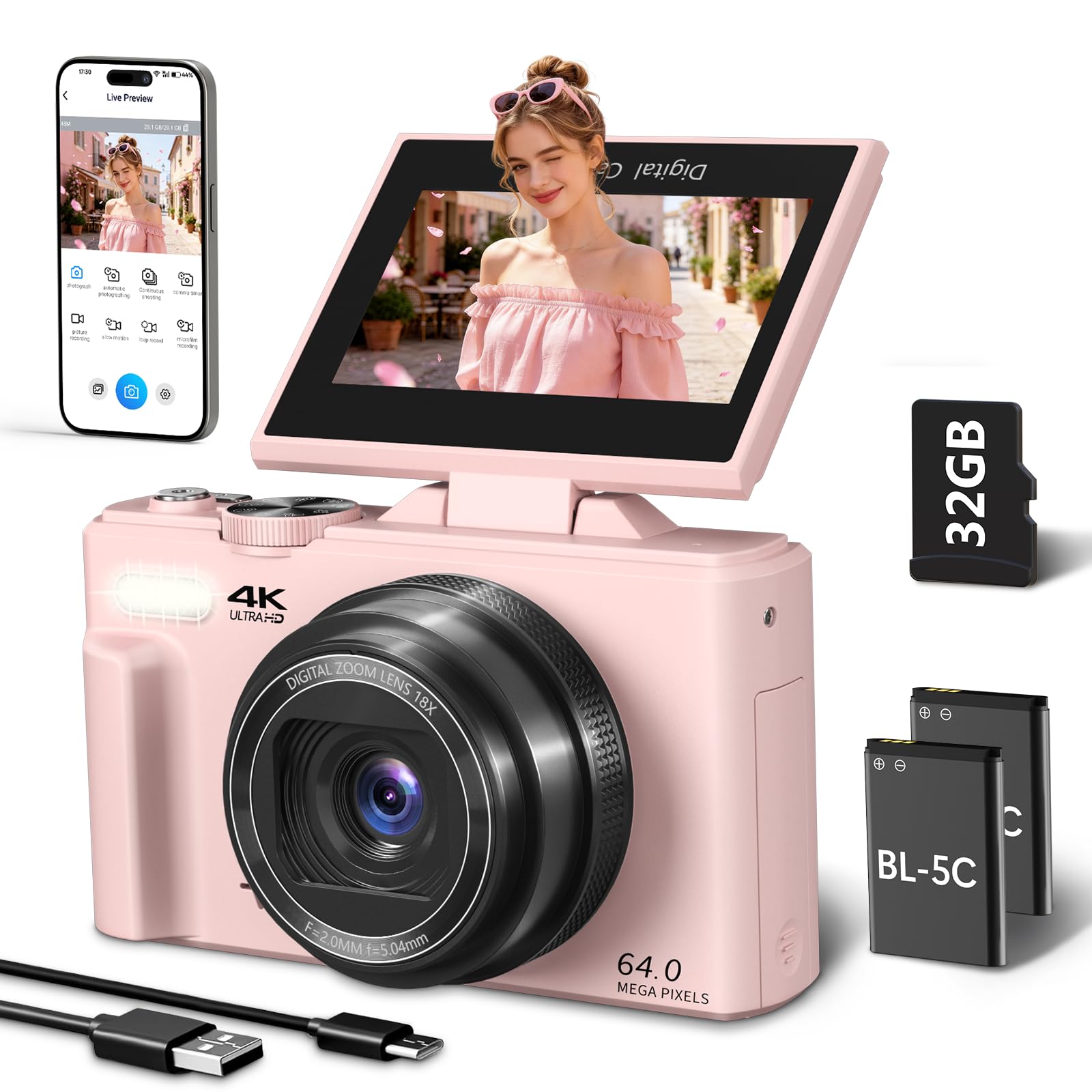 4K Digital Camera for Photography, 64MP Vlogging Camera for YouTube | Point and 