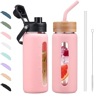 BLUEGO 600 ml Glass Water Bottle with Straw and 2 Lids, Glass Coffee Cup with Time Marking and Silicone Protection, Glass Cup for Drinks, Soda Cola, BPA-Free, Pink