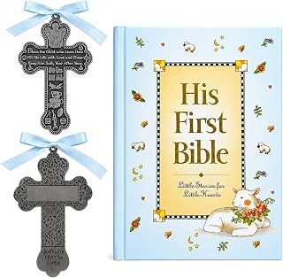 Baby Boy First Bible and 4" Pewter Baptism Guardian Angel Crib Cross (Original Version)-L8