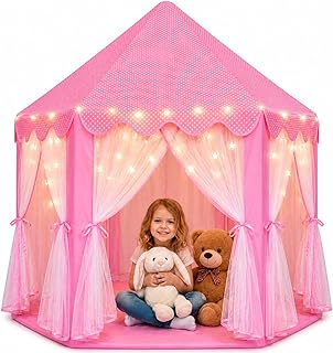 ORIAN Princess Tent for Girls, Kids Pink Play Tent, Ages 2–7, 55" x 53" | Children's Large Playhouse for Girls and Toddlers, Indoor & Outdoor Play Castle, With LED Star Lights
