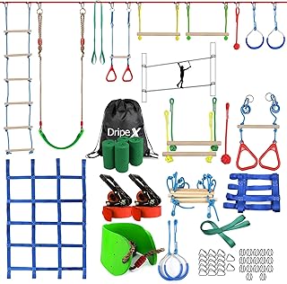 Dripex Outdoor Play Ninja Warrior Obstacle Course for Kids - 50FT×2 Double Slackline for Toddler Climbing, Kids Outdoor Play Equipment with 10 Ninja Line Accessories Jungle Gym Playset for Backyard