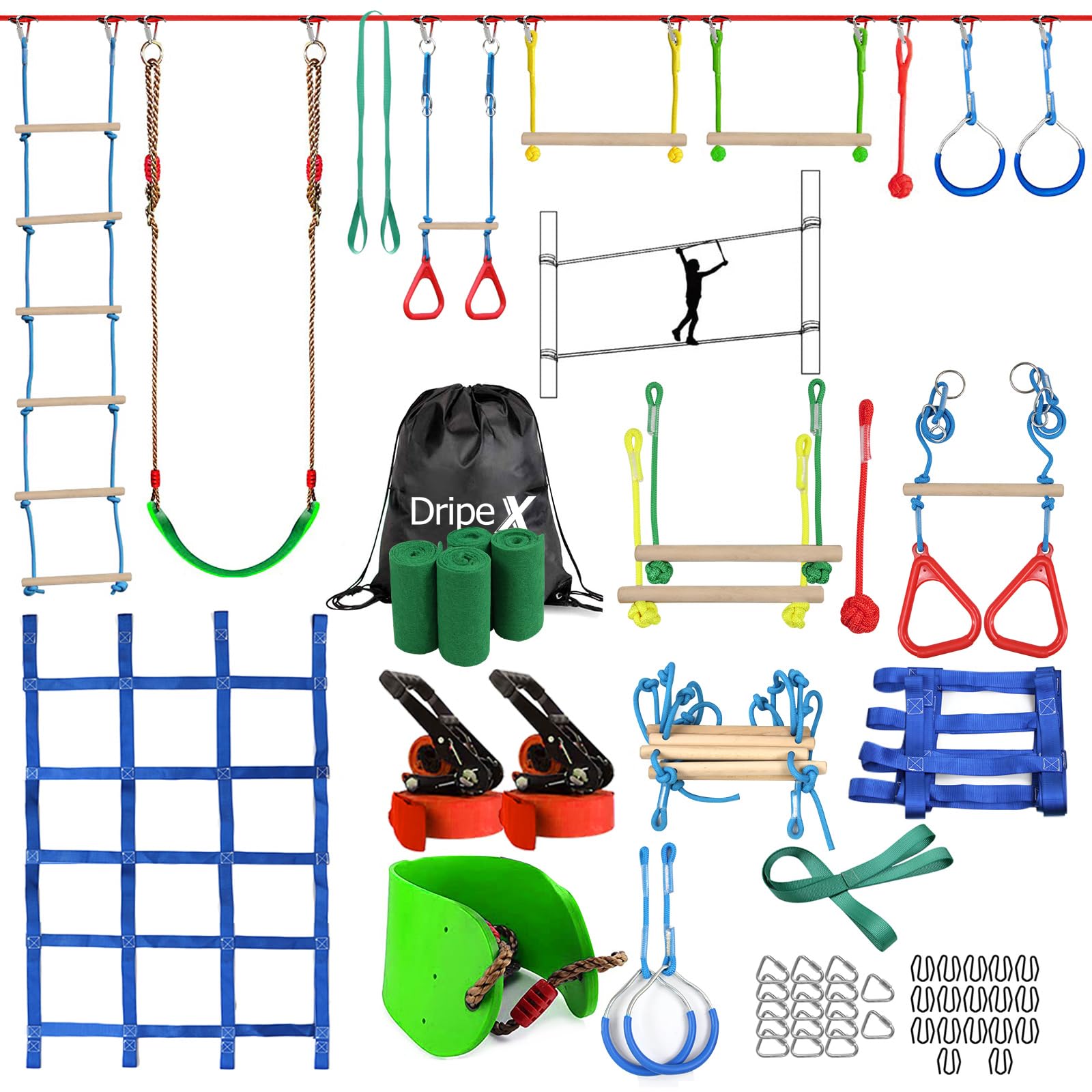 Dripex Outdoor Play Ninja Warrior Obstacle Course for Kids - 50FT×2 Double Slack