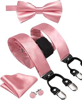 Hi-Tie Men Suspender Bowtie Set Suspenders Pre-tied Bow Tie Pocket Square Cufflinks Adjustable Y Shape 6 Clips Braces Tuxedo