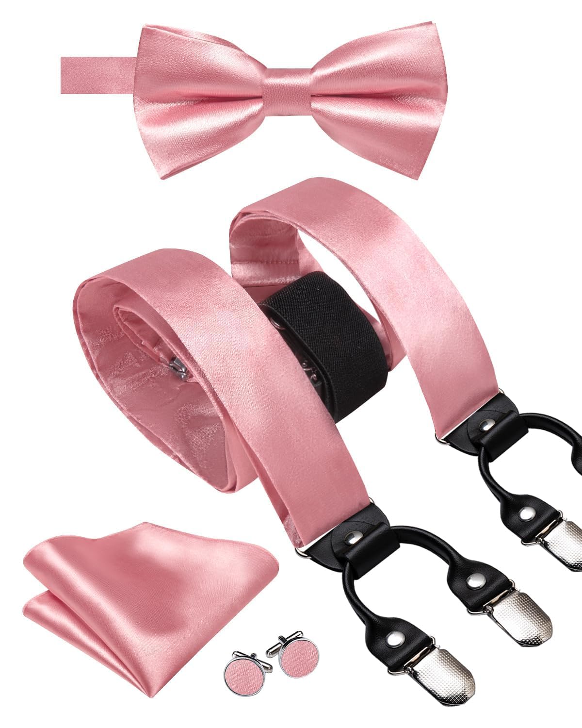 Hi-Tie Men Suspender Bowtie Set Suspenders Pre-tied Bow Tie Pocket Square Cuffli