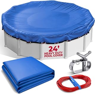 24 ft Round Heavy Duty Winter Pool Cover, Royal Blue, Above Ground Pool | Durable Woven PE, Tear-Resistant, Weatherproof, -10°F, 3-ft Overlap, Cable, Winch & Grommets, Blocks Debris & Snow
