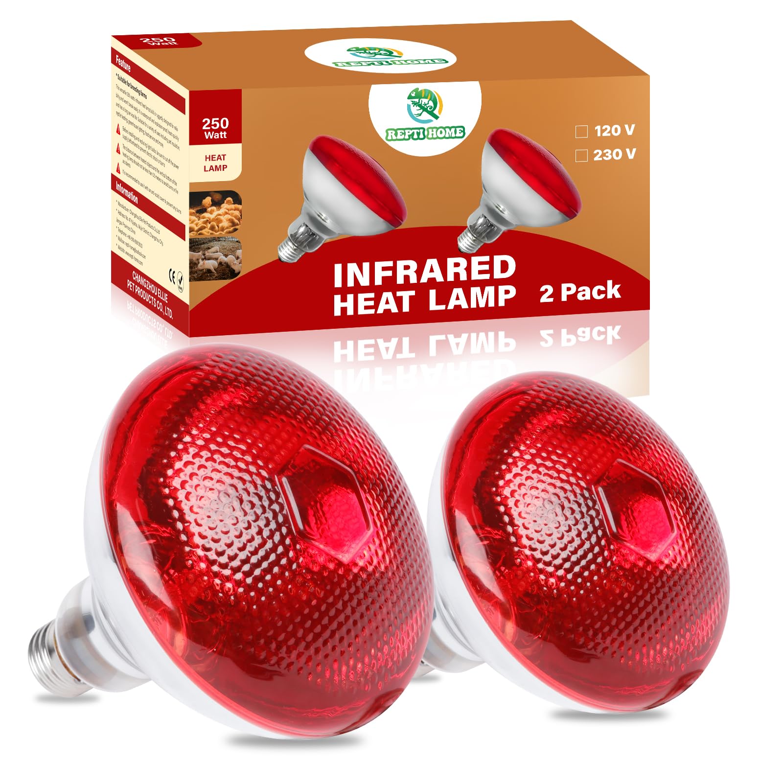 REPTI HOME 250W Red Heat Lamp Bulbs for Chicken,Infrared Flood Light Heat Lamp B