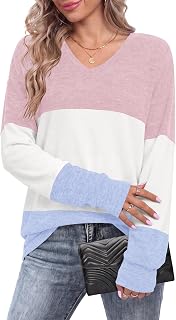 AUSELILY Women's Sweatshirt Pullover V-Neck Long Sleeve Color Block