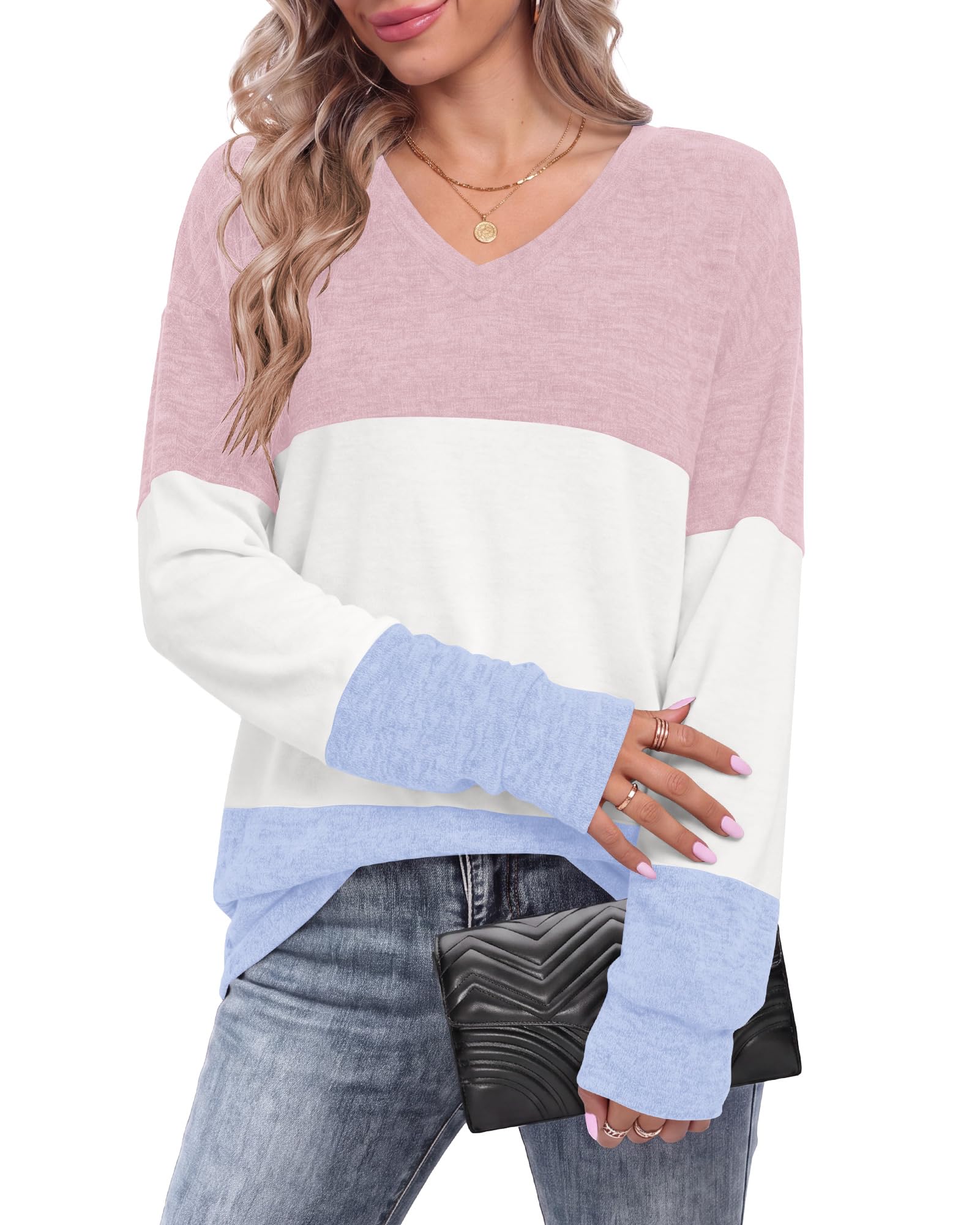 AUSELILY Women's Sweatshirt Pullover V-Neck Long Sleeve Color Block