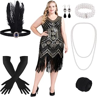 ELECLAND 1920s V Neck Sequin Fringed Dress and 1920s Accessories Set