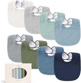 Konssy 8-Pack Muslin Baby Bibs, Adjustable Fit for Drooling and Teething | Soft Absorbent, Drool Bibs for Baby Boys Girls, Cotton Front with Fleece Backing, Newborn to Toddler 0-36M (Blue)