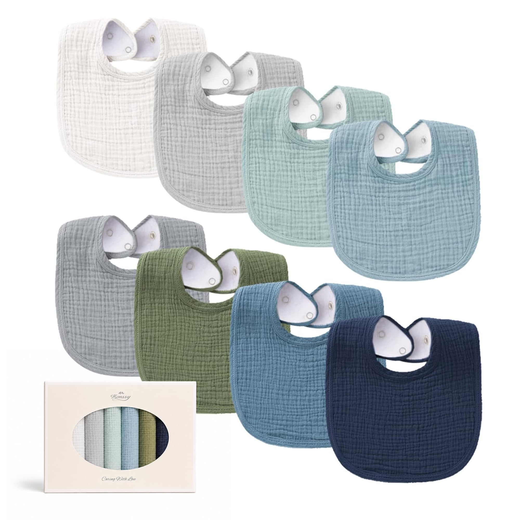 Konssy 8-Pack Muslin Baby Bibs, Adjustable Fit for Drooling and Teething | Soft 