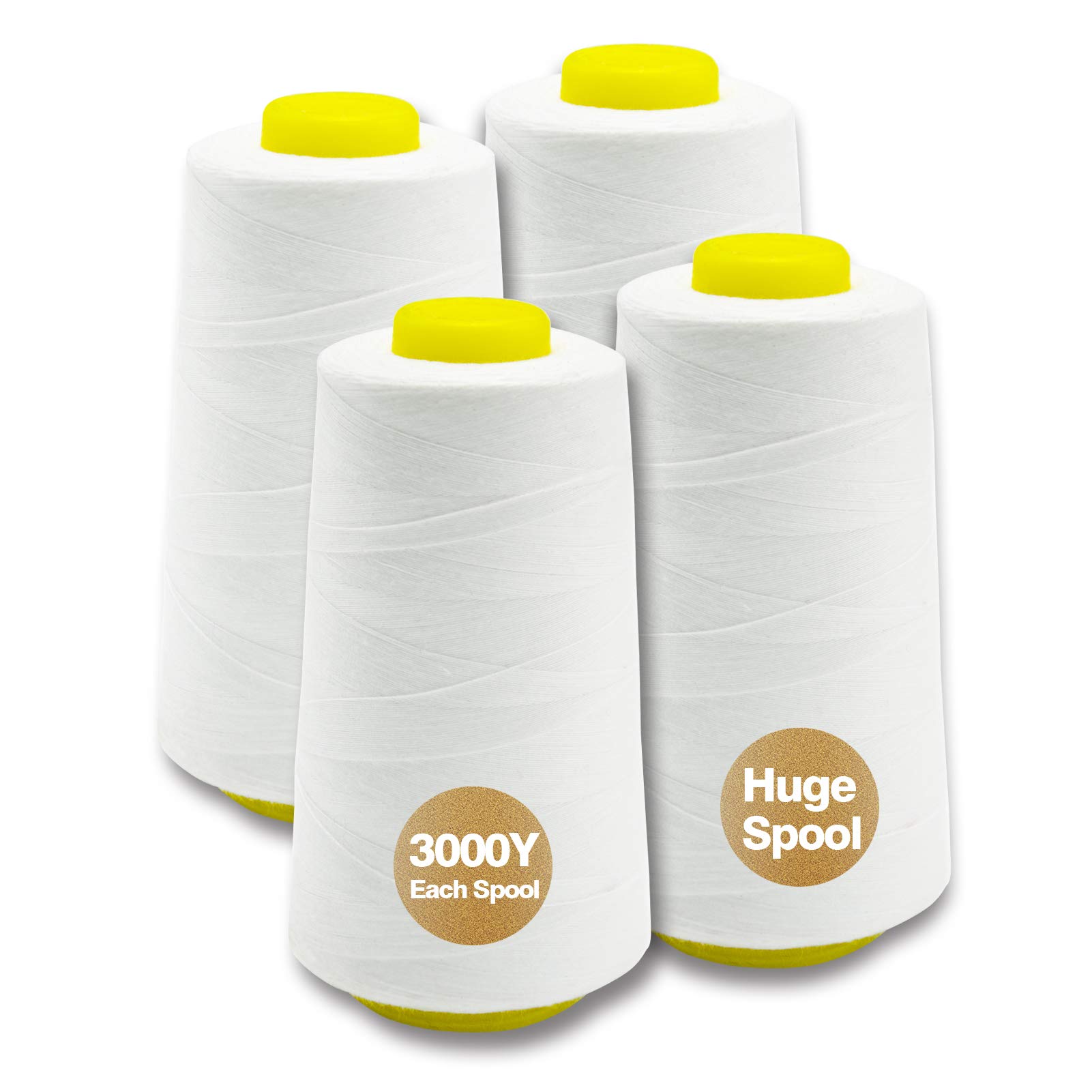 White Serger Thread, All-Purpose Thread for Sewing, Polyester, 4 Cones of 3000 Y