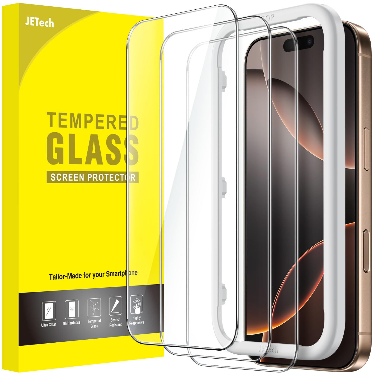 JETech Screen Protector for iPhone 16 Pro Max, 3-Pack | 9H Tempered Glass, HD Cl