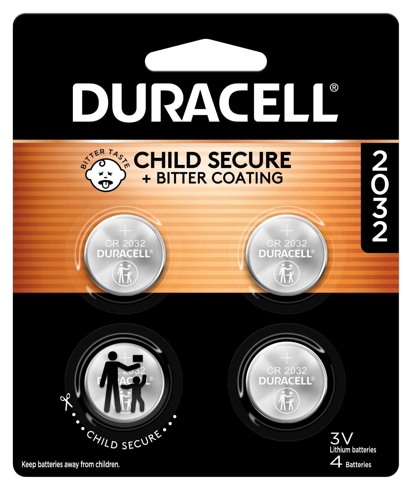 Duracell 2032 Lithium Battery, 4 Count, AirTag & Key Fob, CR2032 3V Cell