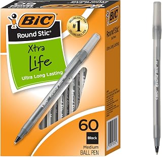 BIC Round Stic Extra Life Ballpoint Pens, School Supplies for Teachers and Students, 60-Count in Black