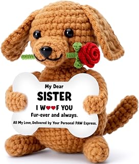 Wilbrea Funny Dog Mothers Day Sister Gifts Birthday, Little Big Soul Sister in Law Gifts for Women Friend Bestie, Mini Cute Cool Stuff Things I Love You Presents, Small Happy Crochet Rose Dog Puppy