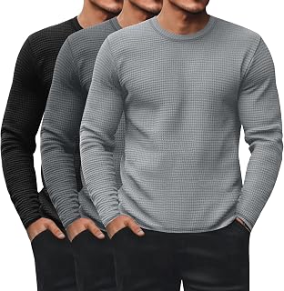 Ficerd Pack of 3 Men's Thermal Sweaters Waffle Long Sleeve Crew Neck Thermal Underwear Casual Pullover