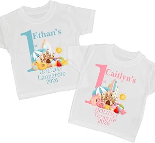 1st First Holiday Personalised T-Shirt 2026 2027 Baby Kids Childrens Girls Boys
