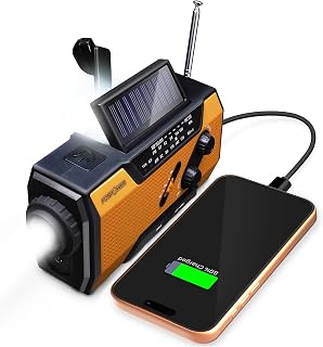 FosPower NOAA Emergency Weather Radio A1 7400mWh Solar Hand Crank (Orange) | AM/FM/WB power bank 4 power options SOS alarm LED flashlight & 4 LED reading light for outdoor emergency & power outage use.