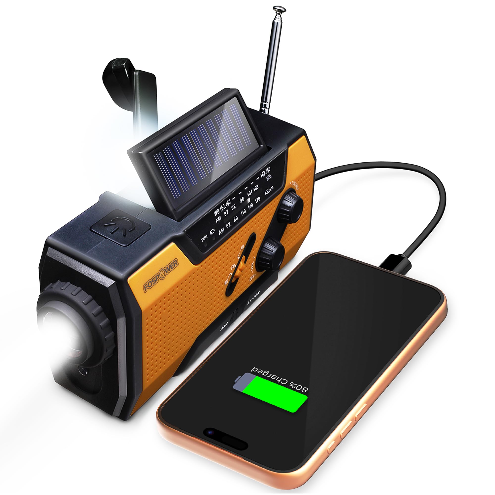 FosPower NOAA Emergency Weather Radio A1 7400mWh Solar Hand Crank (Orange) | AM/