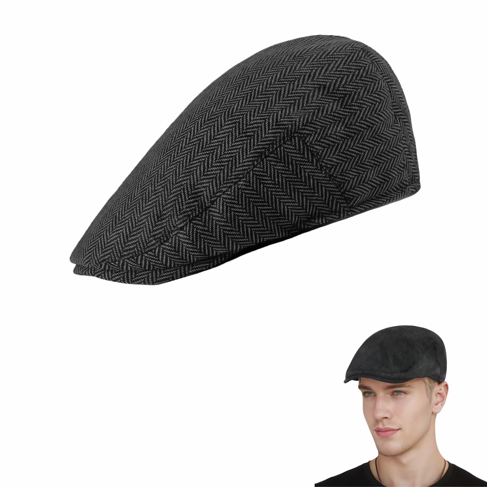 Men's Classic Herringbone Wool Blend Newsboy Cap, Charcoal, Large/X-Large, Breat