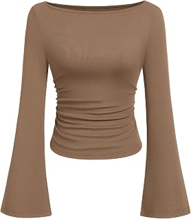 PRETTYGARDEN womens long sleeve shirts fall going out casual boat neck bell sleeve ribbed y2k clothes