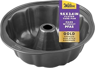 Wilton Gold Non-Stick Fluted Tube Cake Pan, Made Without PFAS, 9.49 in | Non-Stick Steel with Scratch-Resistant Coating, Resists Warping, Dishwasher Safe, Perfect for Bundt & Fluted Tube Cakes