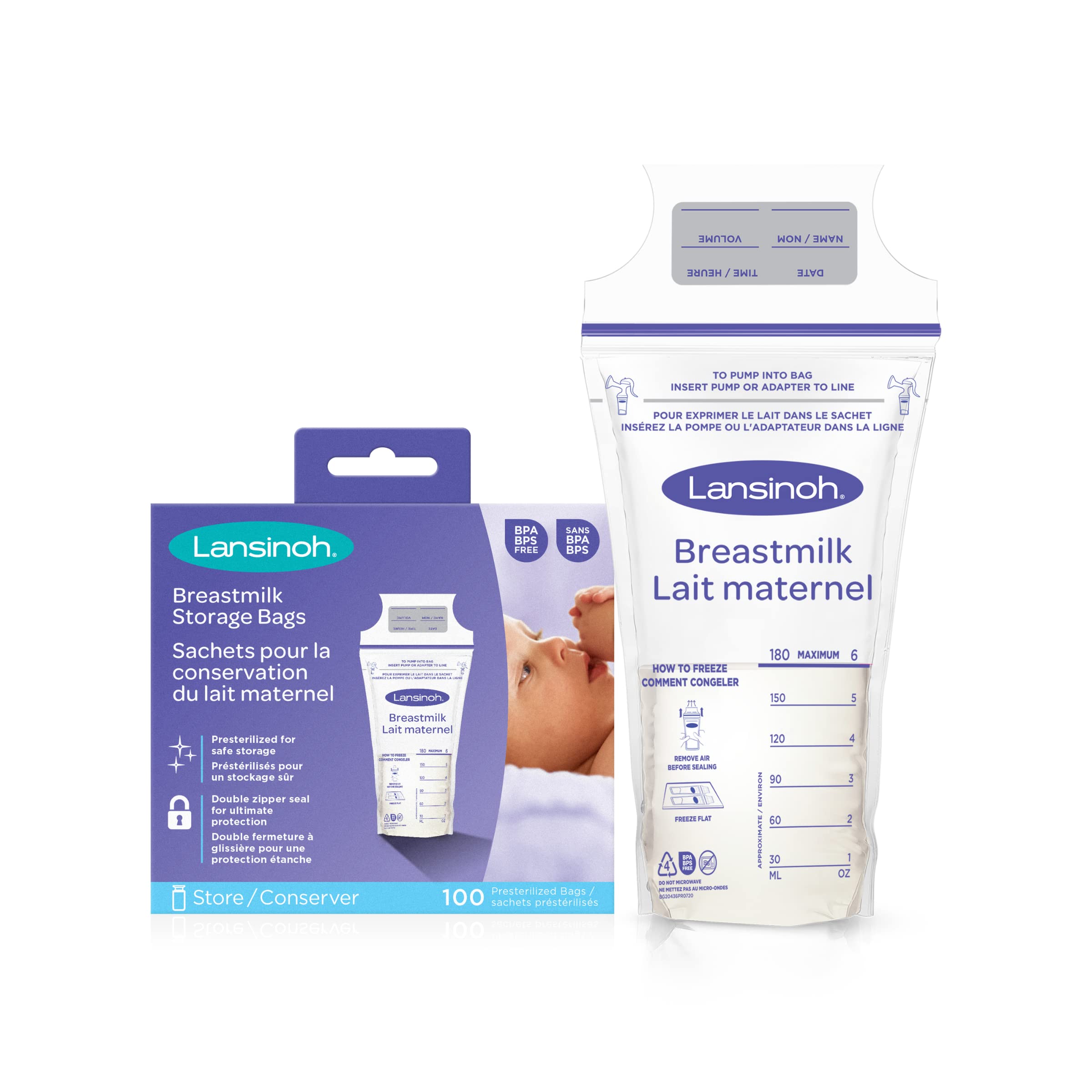 Lansinoh Breastmilk Storage Bags, 6 Ounce, 100 Count | Baby Essentials, Leak-Pro