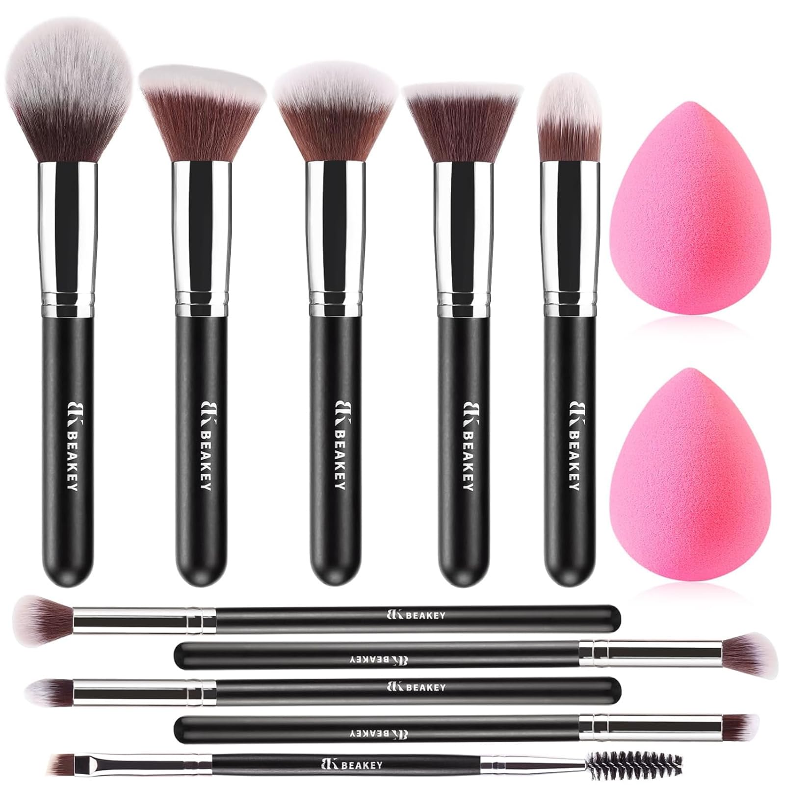 BEAKEY Makeup Brush Set,10 Brushes and 2 Sponges for Face and Eyes | Soft synthe