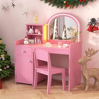 INFANS Kids Vanity with Lights, Princess Makeup Desk with Mirror, Jewelry Hanger, Fabric Drawers, Toddler Table and Chair Set Pretend Play for Girls Aged 4-9 (Pink with Light)