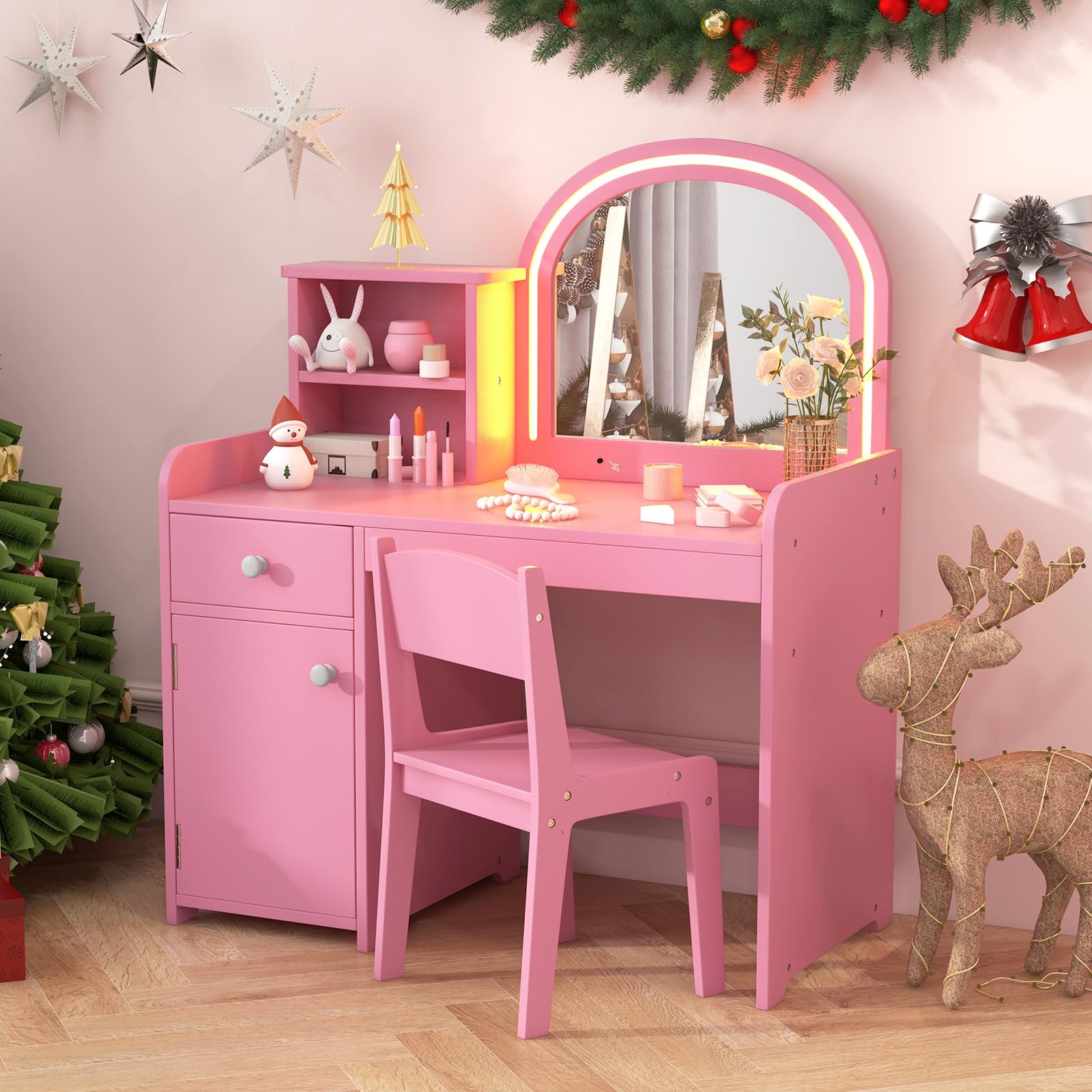 INFANS Kids Vanity with Lights, Princess Makeup Desk with Mirror, Jewelry Hanger