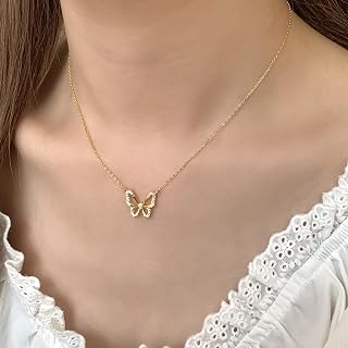 14K Gold Plated Cubic Zirconia Butterfly Pendant Necklace for Women Gift