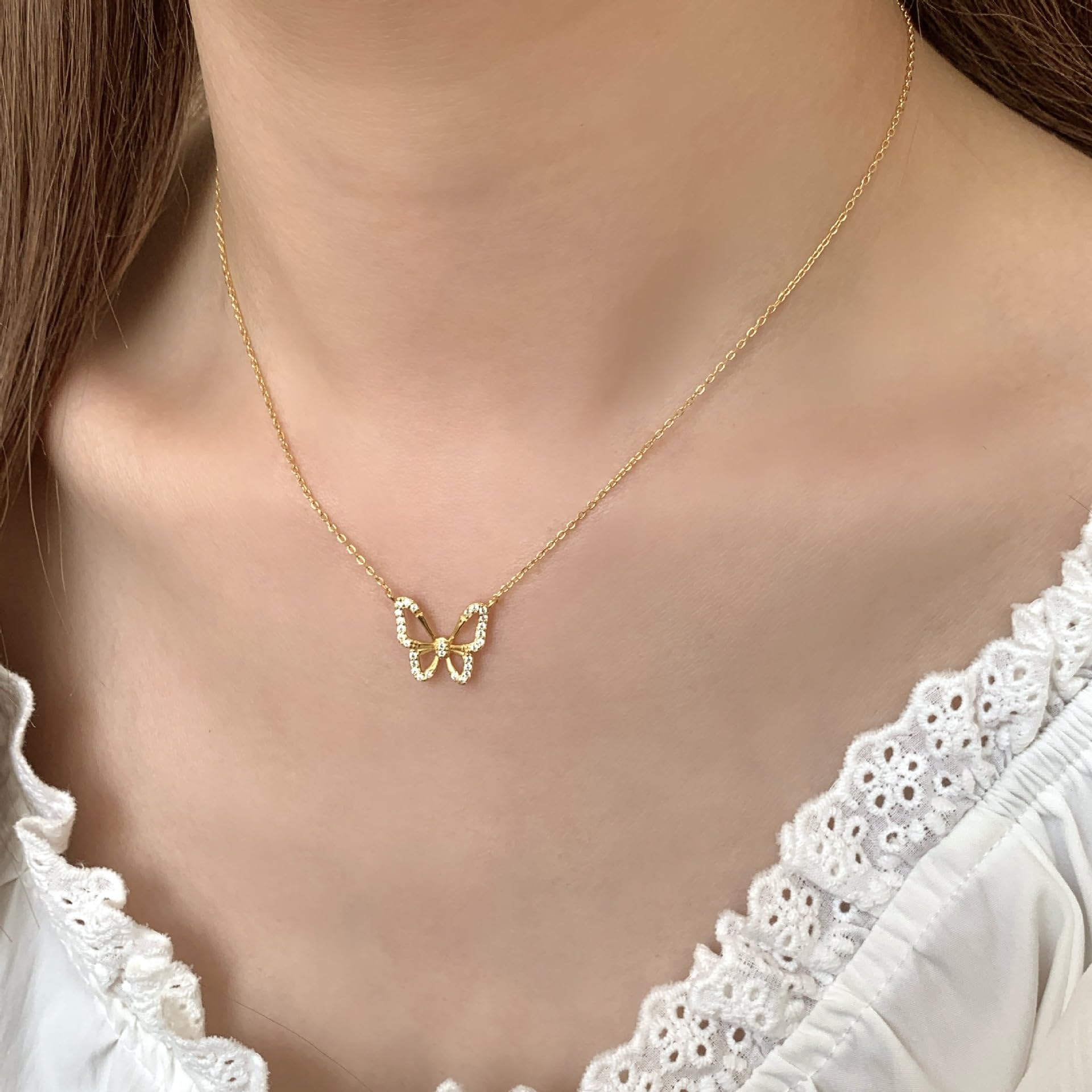 14K Gold Plated Cubic Zirconia Butterfly Pendant Necklace for Women Gift